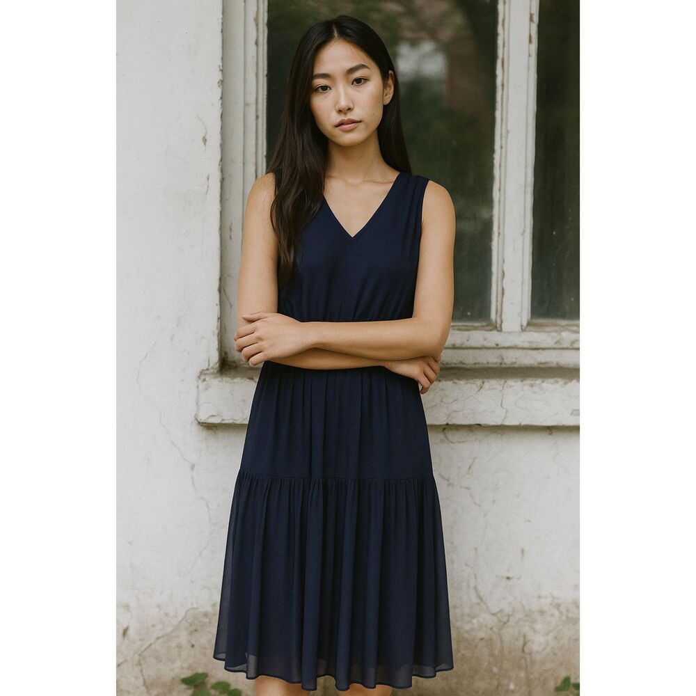 MOUSSY Japan Blue Sleeveless Midi Rushed Summer Stretch Dress Women's Size Free